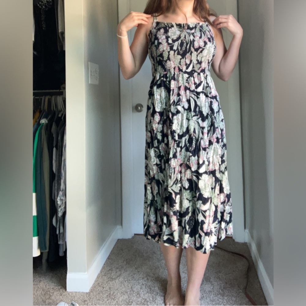 Black and floral capri length strapless dress